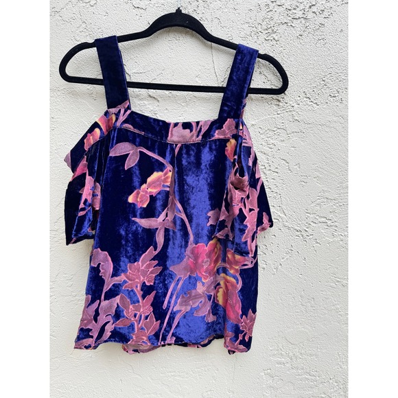 Floral Velvet Velour Rich Color Cold Shoulder Top Blouse Party Elegant - Picture 7 of 8